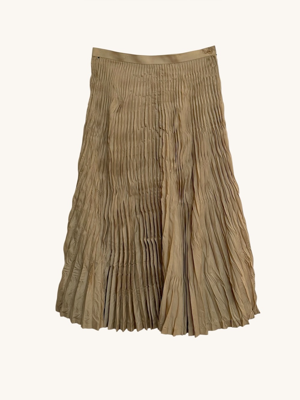 Issey Miyake Pleated Midi Skirt Antique Gold Khaki Olive 100% Polyester Vintage - Picture 2 of 10